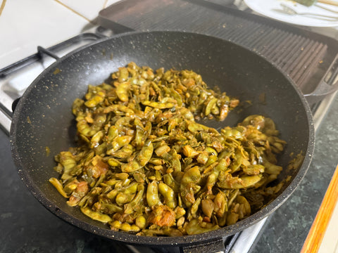 Flat beans dry curry, finished with just 100ml of Chilli Farms Achari Sauce.